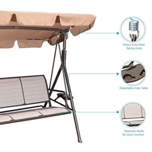 GOLDSUN 3 Person Outdoor Weather Resistant Patio Glider Swing Hammock Chair w/ Utility Tray & Sunshade Canopy for Patio, Garden, Deck, or Pool, Taupe