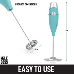 Milk Boss Mighty Milk Frother Handheld Whisk Mixer - Coffee Frother Electric Handheld Foam Maker & Frother For Coffee - Portable Electric Whisk With 16-Piece Stencils For Lattes, Matcha (Smooth Teal)…