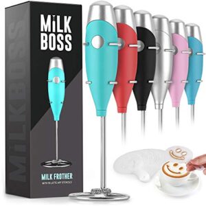 milk boss mighty milk frother handheld whisk mixer - coffee frother electric handheld foam maker & frother for coffee - portable electric whisk with 16-piece stencils for lattes, matcha (smooth teal)…