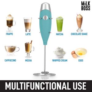 Milk Boss Mighty Milk Frother Handheld Whisk Mixer - Coffee Frother Electric Handheld Foam Maker & Frother For Coffee - Portable Electric Whisk With 16-Piece Stencils For Lattes, Matcha (Smooth Teal)…