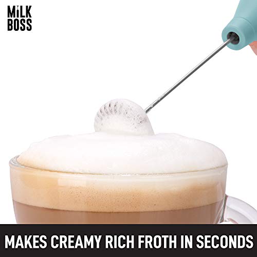 Milk Boss Mighty Milk Frother Handheld Whisk Mixer - Coffee Frother Electric Handheld Foam Maker & Frother For Coffee - Portable Electric Whisk With 16-Piece Stencils For Lattes, Matcha (Smooth Teal)…