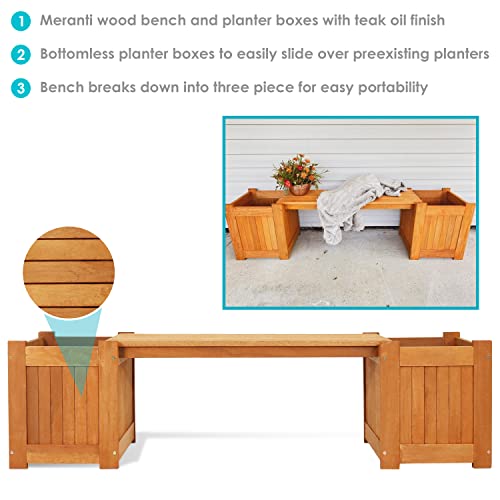 Sunnydaze 68-Inch Meranti Wood Outdoor Planter Box Bench with Teak Oil Finish