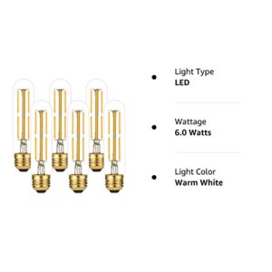 LiteHistory Dimmable E26 Edison Bulb, AC120V Warm White 2700K Light Bulbs, 6W Equal 60 watt 600LM Tubular T10 led for Rustic Pendant,Chandeliers,Wall sconces,Vanity 6Pack