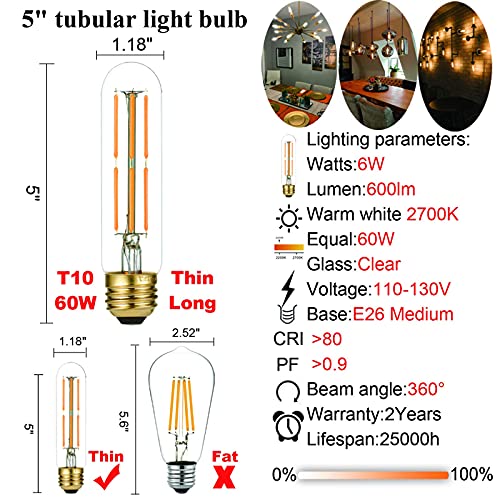 LiteHistory Dimmable E26 Edison Bulb, AC120V Warm White 2700K Light Bulbs, 6W Equal 60 watt 600LM Tubular T10 led for Rustic Pendant,Chandeliers,Wall sconces,Vanity 6Pack