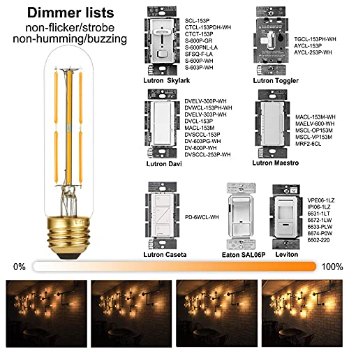 LiteHistory Dimmable E26 Edison Bulb, AC120V Warm White 2700K Light Bulbs, 6W Equal 60 watt 600LM Tubular T10 led for Rustic Pendant,Chandeliers,Wall sconces,Vanity 6Pack