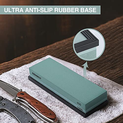 KEENBEST Actual Grit Premium Material Sharpening Stone 2 Side 400 1000 Whetstone Set Kitchen Knife Sharpener Stone Wet Stones for Sharping Knives Kit with Non-slip Rubber Base