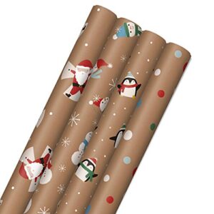hallmark recyclable kraft christmas wrapping paper for kids with cut lines on reverse (4 rolls: 88 sq. ft. ttl) penguins, santa, snowmen, polka dots