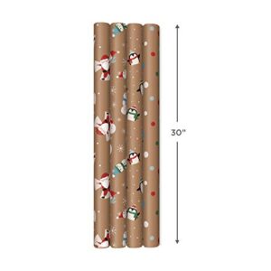 Hallmark Recyclable Kraft Christmas Wrapping Paper for Kids with Cut Lines on Reverse (4 Rolls: 88 sq. ft. ttl) Penguins, Santa, Snowmen, Polka Dots