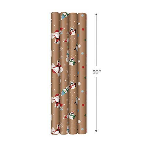 Hallmark Recyclable Kraft Christmas Wrapping Paper for Kids with Cut Lines on Reverse (4 Rolls: 88 sq. ft. ttl) Penguins, Santa, Snowmen, Polka Dots