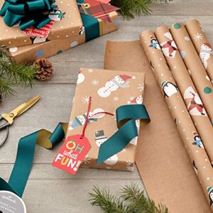 Hallmark Recyclable Kraft Christmas Wrapping Paper for Kids with Cut Lines on Reverse (4 Rolls: 88 sq. ft. ttl) Penguins, Santa, Snowmen, Polka Dots