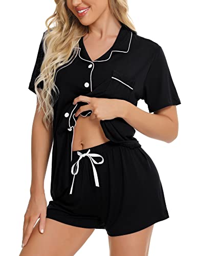 SWOMOG Women's Button Down Pajama Set V-Neck Short Sleeve Sleepwear Soft Pj Sets S-XXL A- Black