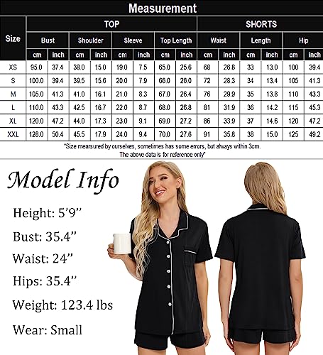 SWOMOG Women's Button Down Pajama Set V-Neck Short Sleeve Sleepwear Soft Pj Sets S-XXL A- Black