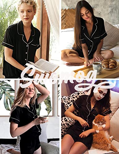 SWOMOG Women's Button Down Pajama Set V-Neck Short Sleeve Sleepwear Soft Pj Sets S-XXL A- Black