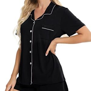 SWOMOG Women's Button Down Pajama Set V-Neck Short Sleeve Sleepwear Soft Pj Sets S-XXL A- Black