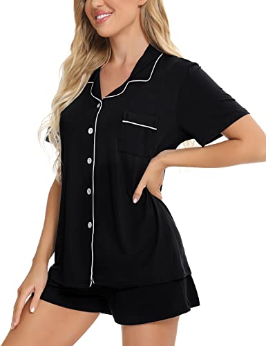 SWOMOG Women's Button Down Pajama Set V-Neck Short Sleeve Sleepwear Soft Pj Sets S-XXL A- Black