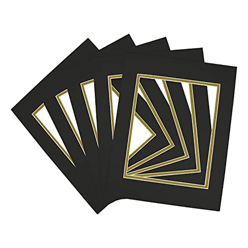 Golden State Art, 11x14 Double Mats for 8x10 - for Photos, Pictures, Frames - Acid-Free, 5 Pack, Black Over Old Gold