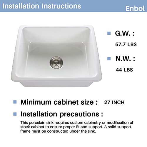 24 Undermount Kitchen Sink - Enbol 24x18 inch Undermount White Porcelain Kitchen Sink Single Bowl with Strainer PU2318