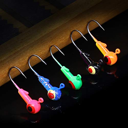 Round-Jig-Heads-for-Fishing-Painted-Jigheads-Walleye-Bass Crappie Fishing Jig Hooks 3/8 oz 1/4 oz 3/16 oz 1/8 oz 1/16 oz Assortment 25-50 Pack