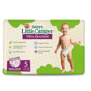 happy little camper natural disposable baby diapers, gentle on skin, ultra-absorbent, hypoallergenic, chlorine free, fragrance free, safe for sensitive skin, walker, diapers size 5, 25 count