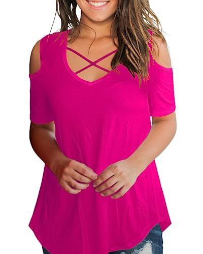 SMALNNIE Barbie Outfit for Women Hot Pink Womens Summer Tops 2023 Cold Shoulder M