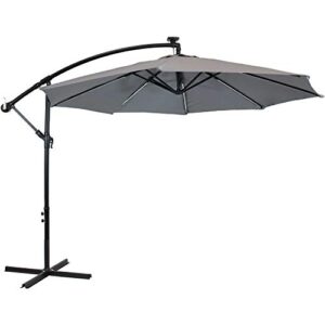 sunnydaze 10-foot cantilever umbrella with solar led lights - polyester shade/steel pole - air vent and cross base - smoke