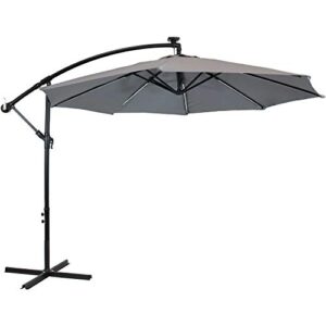 Sunnydaze 10-Foot Cantilever Umbrella with Solar LED Lights - Polyester Shade/Steel Pole - Air Vent and Cross Base - Smoke