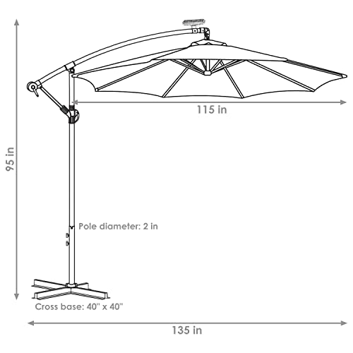 Sunnydaze 10-Foot Cantilever Umbrella with Solar LED Lights - Polyester Shade/Steel Pole - Air Vent and Cross Base - Smoke