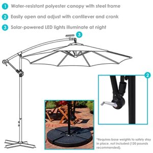 Sunnydaze 10-Foot Cantilever Umbrella with Solar LED Lights - Polyester Shade/Steel Pole - Air Vent and Cross Base - Smoke