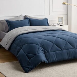bedsure navy bedding set queen - 7 pieces reversible bed sets in a bag with comforters, sheets, pillowcases & shams, comforter