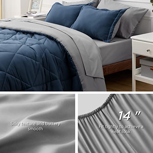 Bedsure Navy Bedding Set Queen - 7 Pieces Reversible Bed Sets in a Bag with Comforters, Sheets, Pillowcases & Shams, Comforter