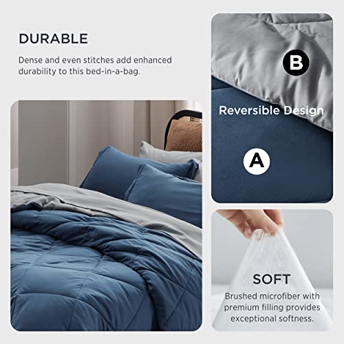 Bedsure Navy Bedding Set Queen - 7 Pieces Reversible Bed Sets in a Bag with Comforters, Sheets, Pillowcases & Shams, Comforter