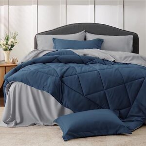 Bedsure Navy Bedding Set Queen - 7 Pieces Reversible Bed Sets in a Bag with Comforters, Sheets, Pillowcases & Shams, Comforter