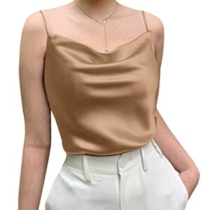 miqieer basic women's silk tank top ladies v-neck camisole silky loose sleeveless blouse satin tank shirt(cowl neck-khaki,m)