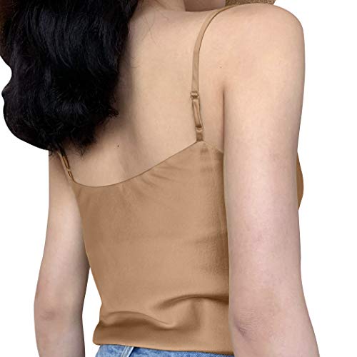 Miqieer Basic Women's Silk Tank Top Ladies V-Neck Camisole Silky Loose Sleeveless Blouse Satin Tank Shirt(Cowl Neck-Khaki,M)