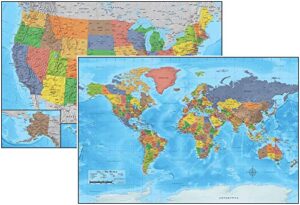 laminated united states usa and world map poster. 24x36 detailed 3d durable up to date. great for classroom, teacher, student, home, business, history. us maps wall poster chart.