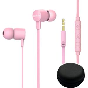 joymiso tangle free earbuds for kids women small ears with case, comfortable lightweight in ear headphones, flat cable ear buds wired earphones with mic and volume control for cell phone laptop (pink)