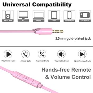 Joymiso Tangle Free Earbuds for Kids Women Small Ears with Case, Comfortable Lightweight in Ear Headphones, Flat Cable Ear Buds Wired Earphones with Mic and Volume Control for Cell Phone Laptop (Pink)