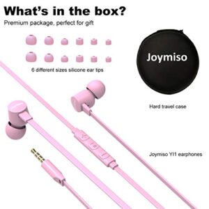 Joymiso Tangle Free Earbuds for Kids Women Small Ears with Case, Comfortable Lightweight in Ear Headphones, Flat Cable Ear Buds Wired Earphones with Mic and Volume Control for Cell Phone Laptop (Pink)