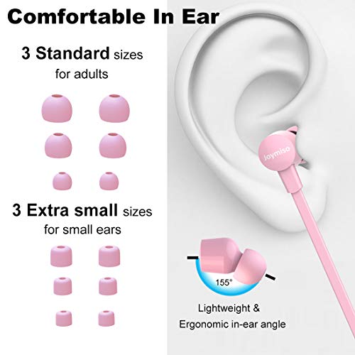 Joymiso Tangle Free Earbuds for Kids Women Small Ears with Case, Comfortable Lightweight in Ear Headphones, Flat Cable Ear Buds Wired Earphones with Mic and Volume Control for Cell Phone Laptop (Pink)