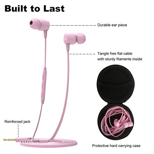 Joymiso Tangle Free Earbuds for Kids Women Small Ears with Case, Comfortable Lightweight in Ear Headphones, Flat Cable Ear Buds Wired Earphones with Mic and Volume Control for Cell Phone Laptop (Pink)