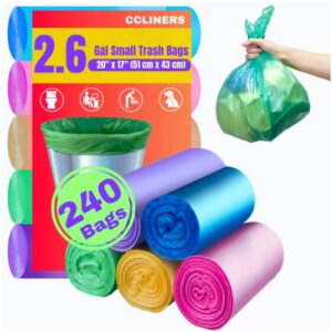 Small Trash Bags CCLINERS 2.6 Gallon Garbage Bags 240 Small Bathroom Trash Can Liners for Home Kitchen and Office fit 2 Gallon, 3 Gallon (240 Ct, 5 Colors)