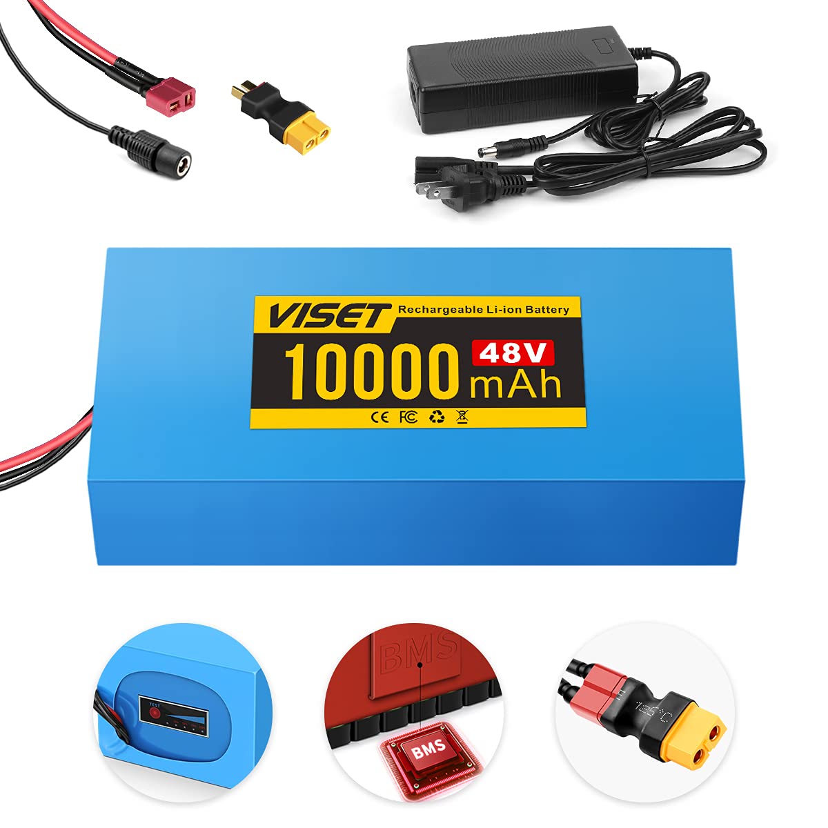 VISET Ebike Battery Pack 48V 20Ah 14Ah 10Ah Electric Bike Battery Li-ion with 2Ah Charger for 350W 450W 750W 500W 800W 1000W Electric Bicycle Motor (48V 10Ah 200W-800W)