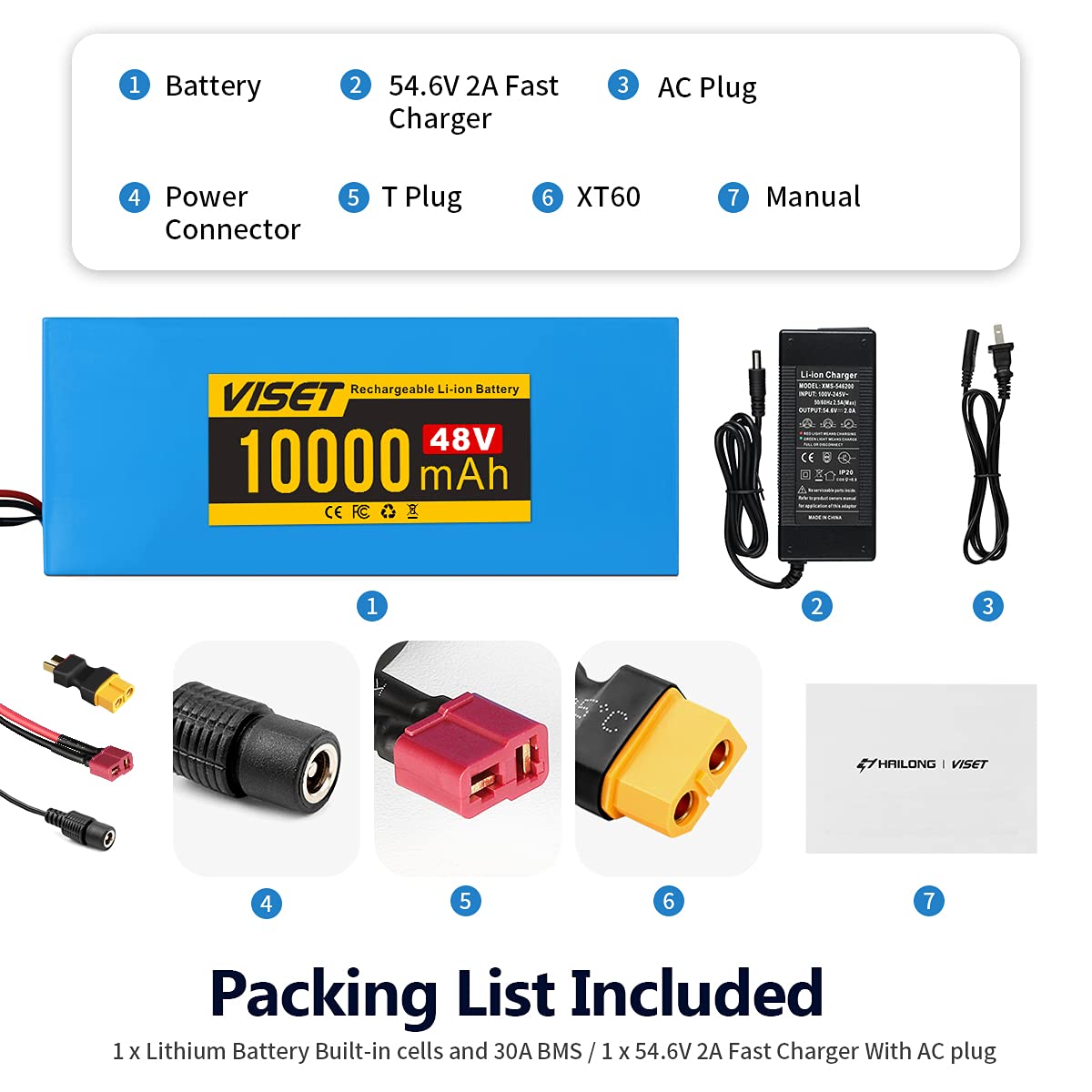 VISET Ebike Battery Pack 48V 20Ah 14Ah 10Ah Electric Bike Battery Li-ion with 2Ah Charger for 350W 450W 750W 500W 800W 1000W Electric Bicycle Motor (48V 10Ah 200W-800W)