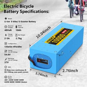 VISET Ebike Battery Pack 48V 20Ah 14Ah 10Ah Electric Bike Battery Li-ion with 2Ah Charger for 350W 450W 750W 500W 800W 1000W Electric Bicycle Motor (48V 10Ah 200W-800W)