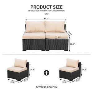 2 Piece Outdoor Sectional Furniture Set Patio PE Black Wicker Rattan Loveseat Armless Chair Sofa with Khaki Cushion