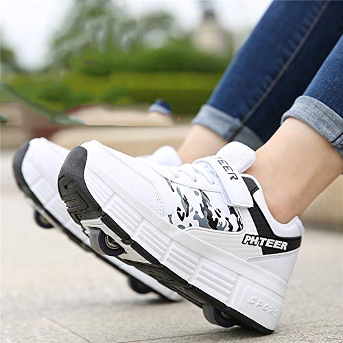 UGUHU Shoe with Wheels Retractable Skateboarding Outdoor Roller Skate Shoes Wheels Shoes Cross Trainers Sneakers for Boys Girls,WhiteDoubleWheel-32