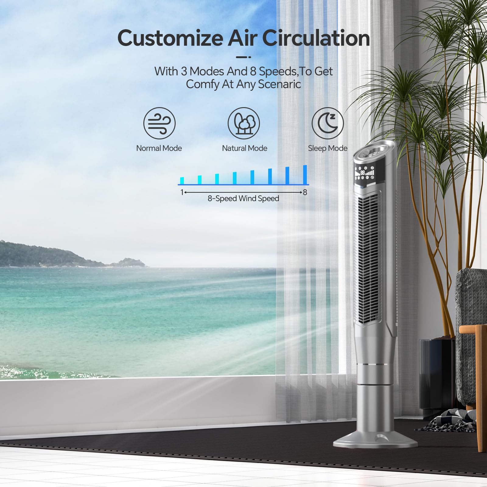 Kismile 47 inch Portable Oscillating Quiet Tower Fan with Remote Control,3 Modes and 8 Wind Speed Setting, Built in 24 H Timer LED Display Powerful Standing Fans (47 inch, Silver)