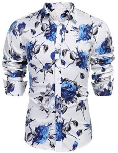 coofandy men's long sleeve dress shirt - casual button down (white & blue, large)