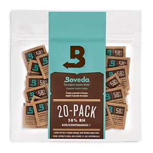 boveda 58% two-way humidity control packs for storing 1/8 oz – size 1 – 20 pack – moisture absorbers for small storage containers – humidifier packs – hydration packets in resealable bag