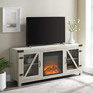 walker edison farmhouse barn door wood and glass fireplace tv stand for tv's up to 64" flat screen living room storage cabinet doors and shelves entertainment center, 58 inch, stone grey